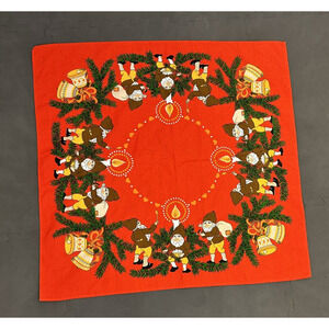 Vtg Karsten Christmas Tablecloth Gnomes Elves Bells Candles 29”x 30” Brazil FS